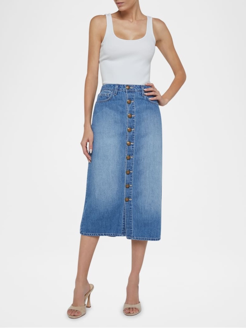L'Agence Kathleen High Waist Button Front Denim Midi Skirt Medium Wash Blue 29